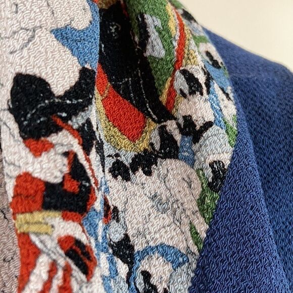 Vintage stretchy silk sumo wrestler stretch scarf kerchief large blue red cream - Picture 8 of 12